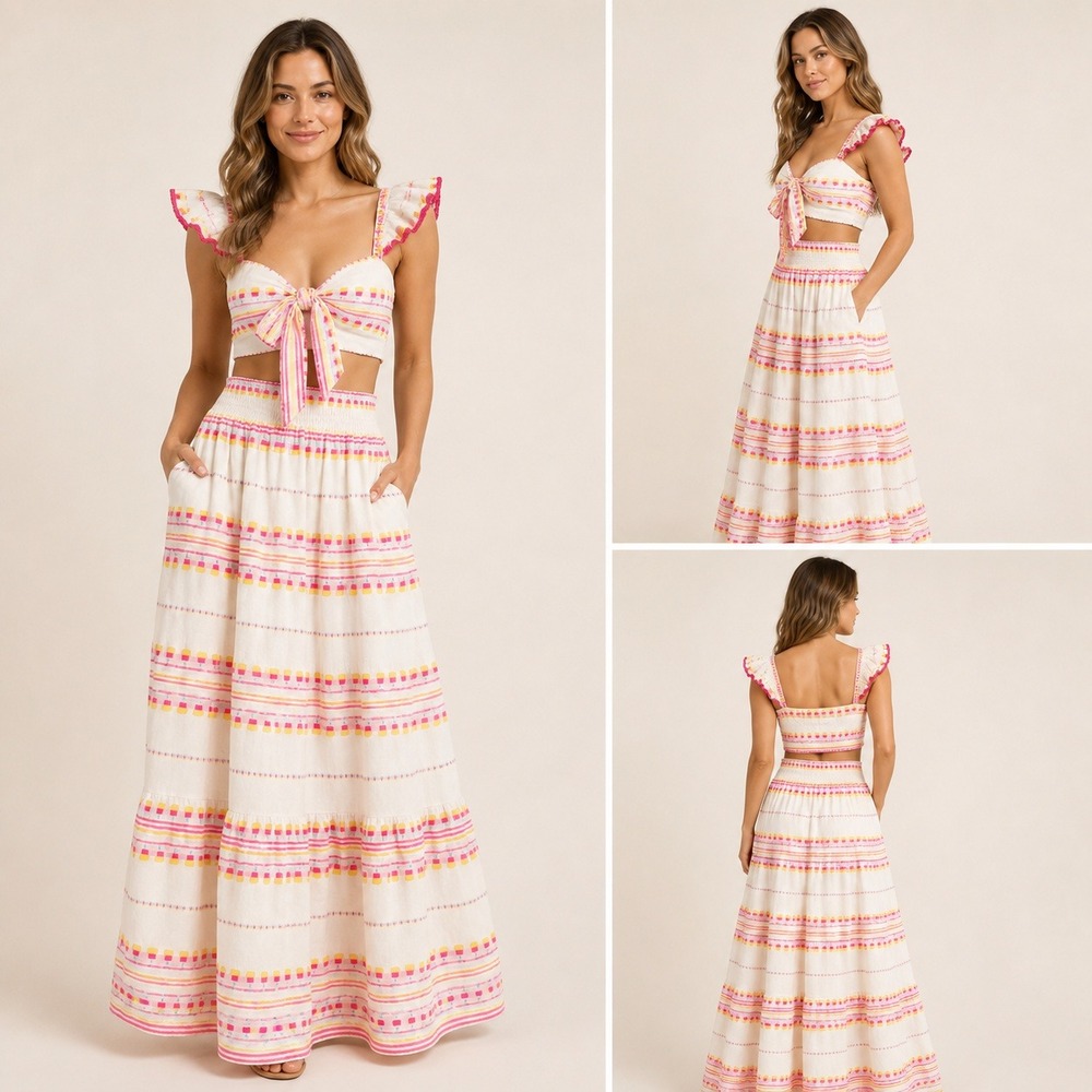 SAYLOR Casper Set Cotton Blend XS Cream Pink Striped Embroidered Maxi Crop Top